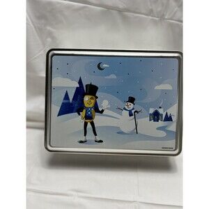 Planters Mr Peanut Tin Metal Christmas Holiday Snowflakes Snowman Silver Blue 8"